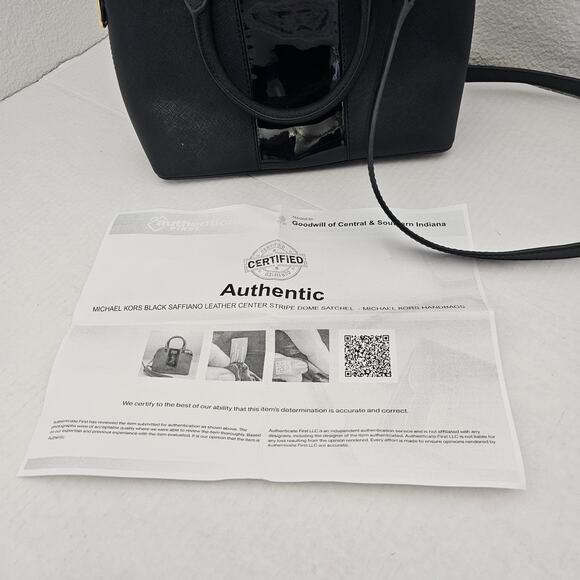 Michael Kors Black Saffiano Leather Center Stripe Dome Satchel - Picture 8 of 11